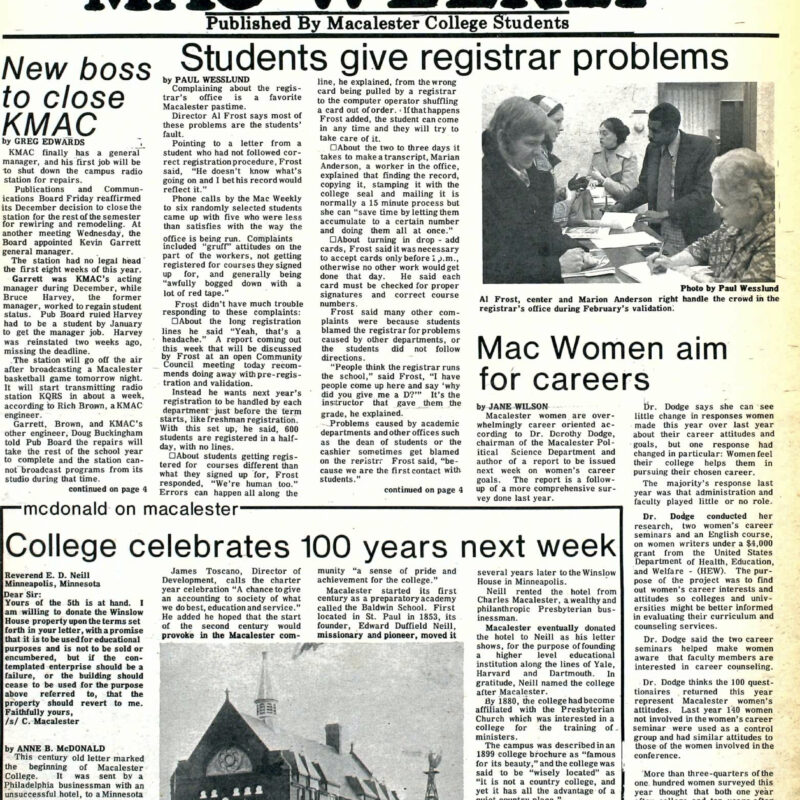 Articles on KMAC, registrar office, Mac women aim for careers, and college turns 100